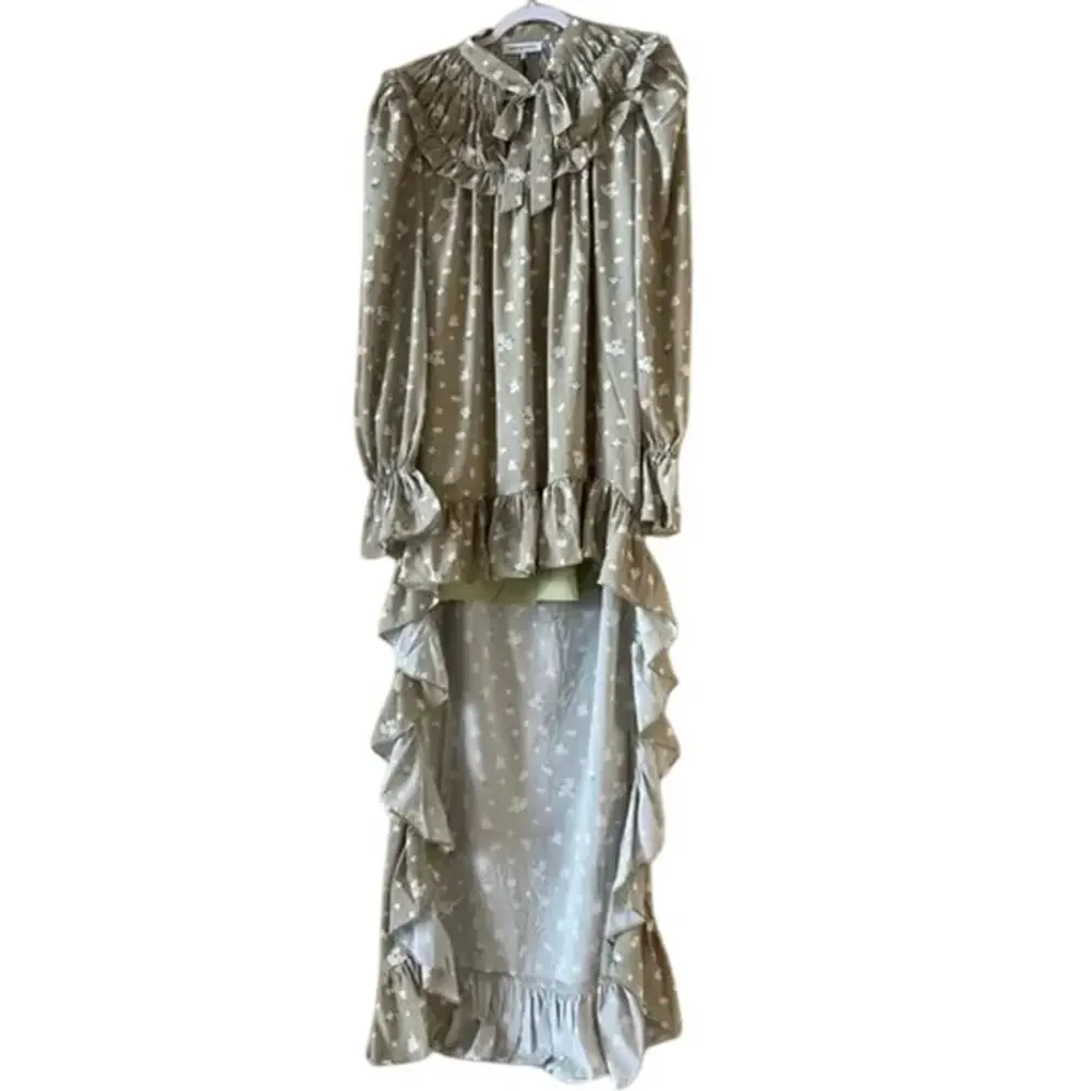 NWT WeWoreWhat High Low Polka Dot Floral Drape Ruffled Long Sleeve Dress S Sage - Picture 2 of 15